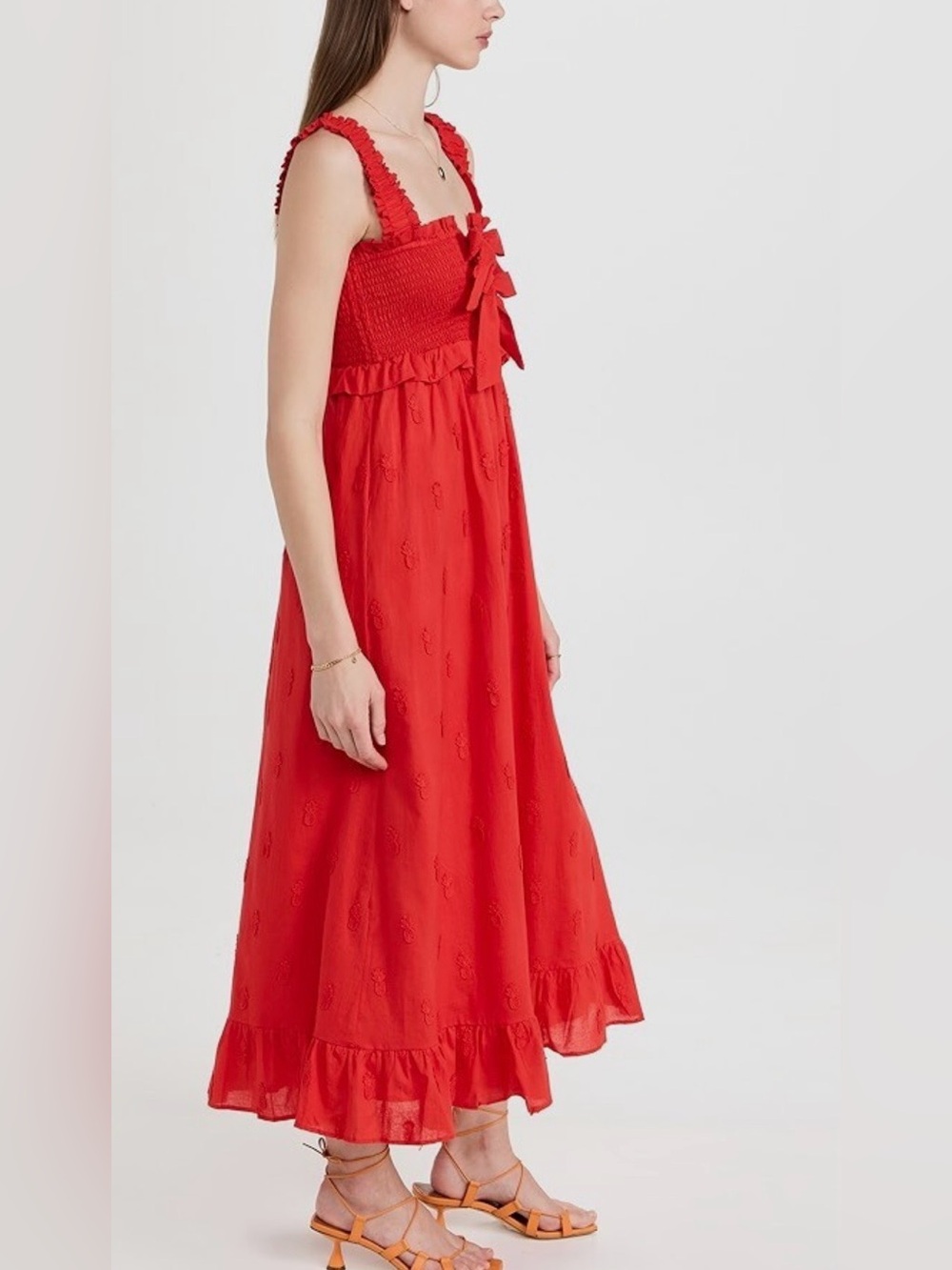 Red Ruffle Midi Dress with Front Bow - Picture 2 of 8